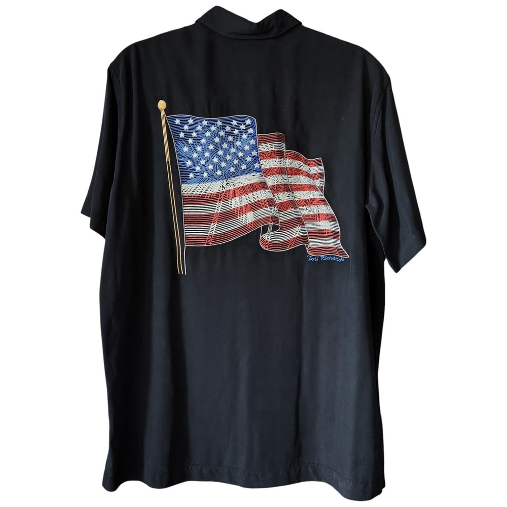 Tori Richard Mens Small‎ Button-Down Shirt American Flag Embroidered Silk Blend